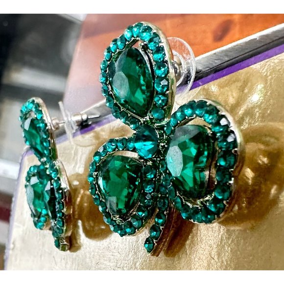 Shamrock Earrings Green Austrian Crystals Hearts Posts New St Patrick's … - Picture 5 of 11